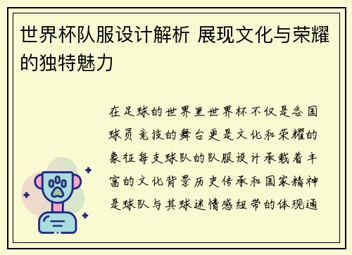 世界杯队服设计解析 展现文化与荣耀的独特魅力