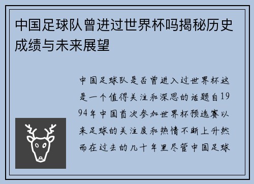 中国足球队曾进过世界杯吗揭秘历史成绩与未来展望